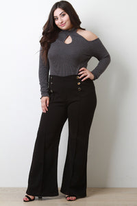 Ribbed Knit Cold Shoulder Mock Neck Keyhole Top