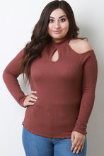 Load image into Gallery viewer, Ribbed Knit Cold Shoulder Mock Neck Keyhole Top